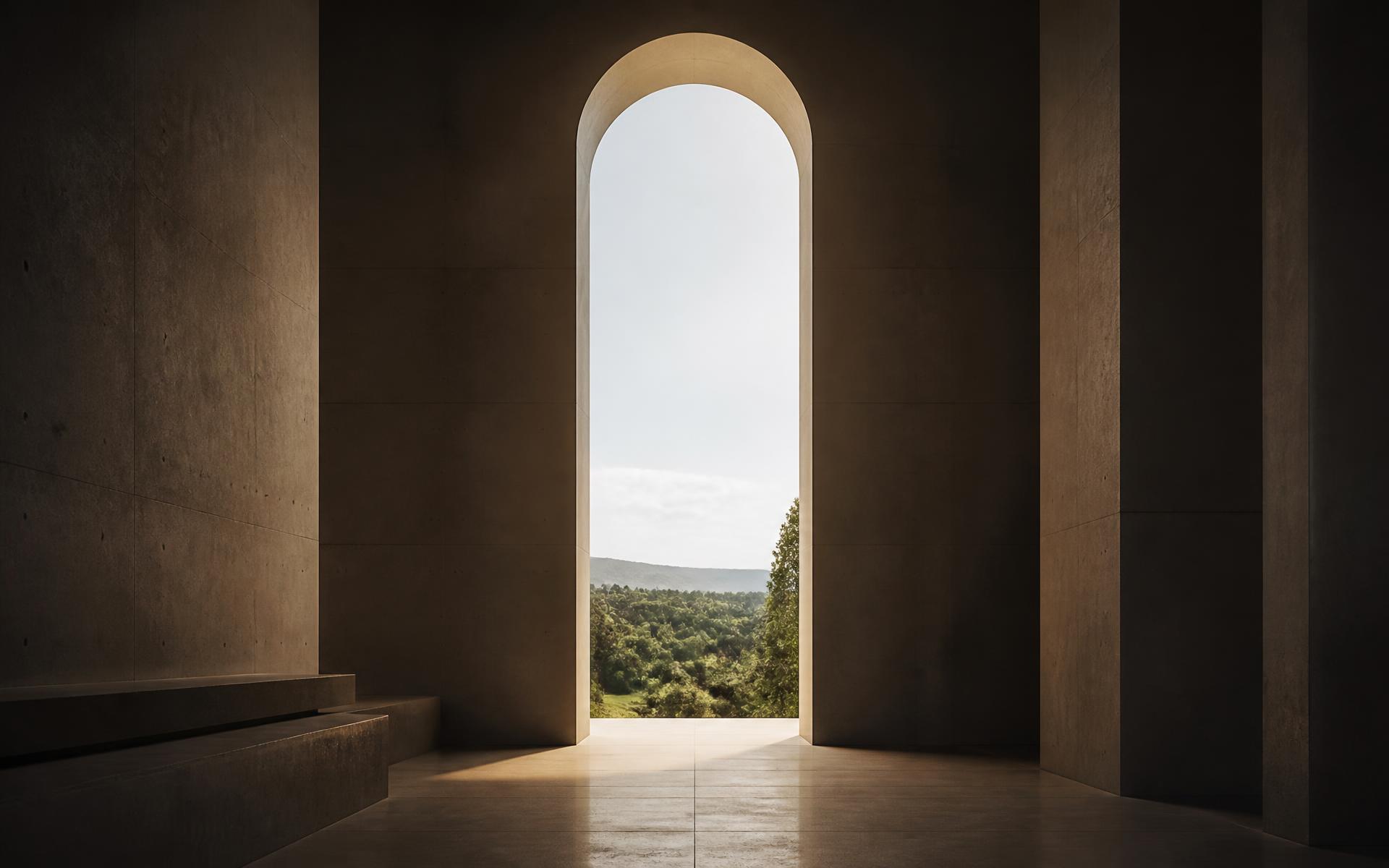 A tall concrete hall opening through an arched aperture onto daylight