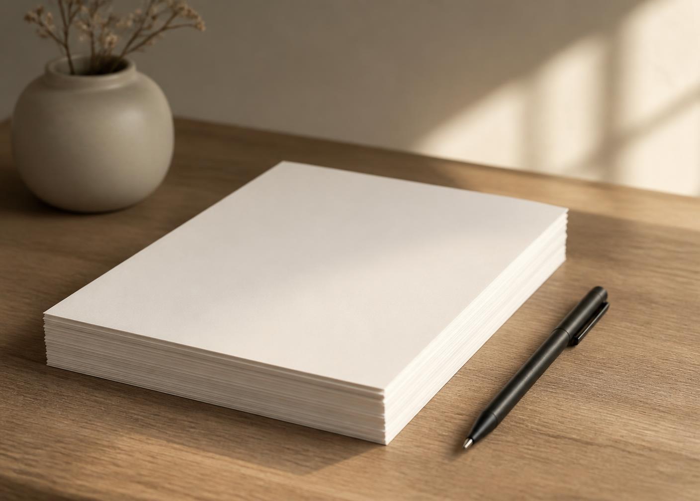 Stacked paper and a pen on a warm desk