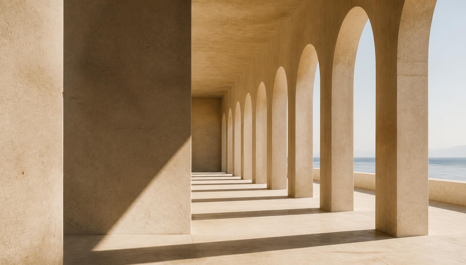 A sunlit stone colonnade of repeating arches opening toward the sea