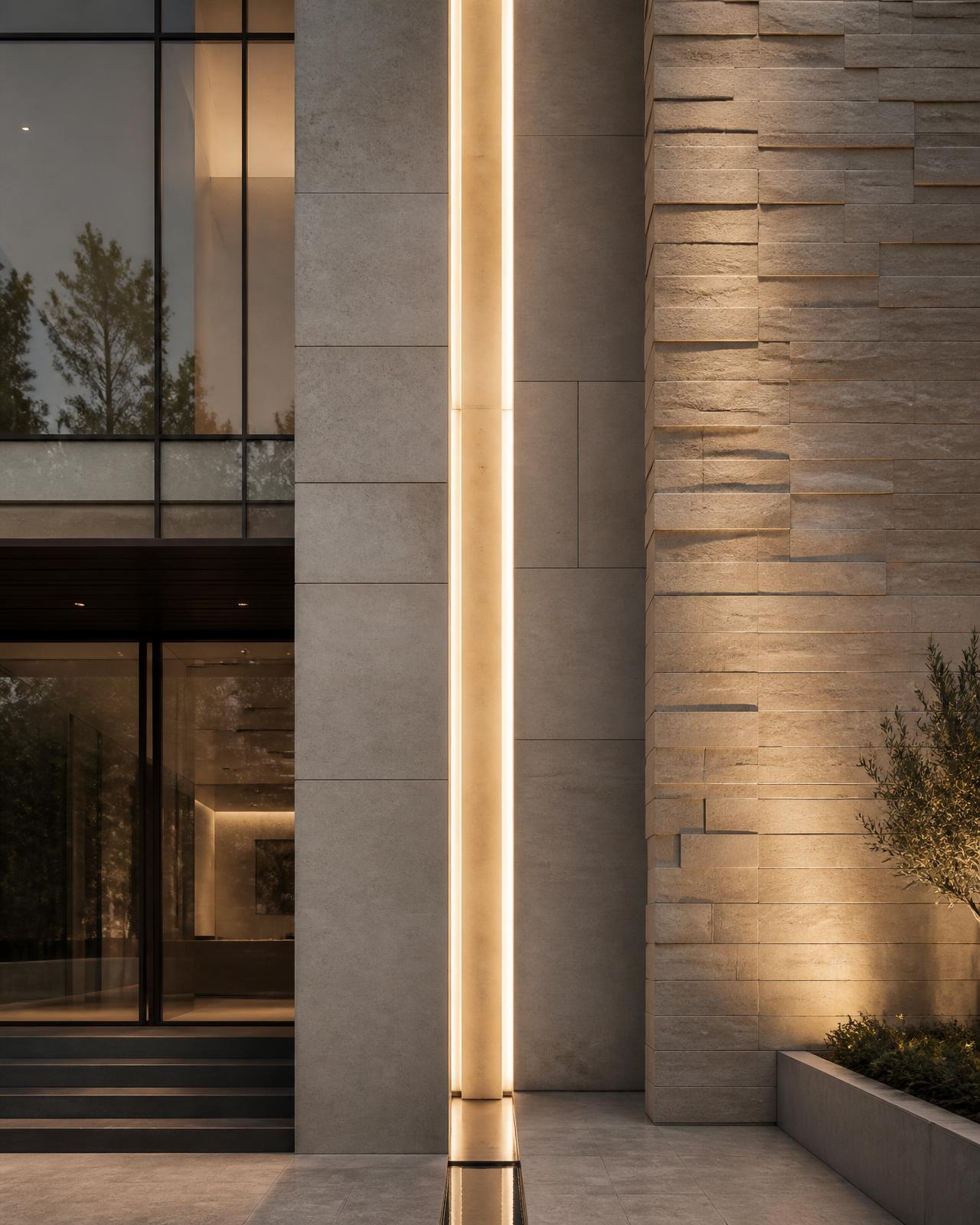 A modern stone and glass facade cut by a vertical line of light